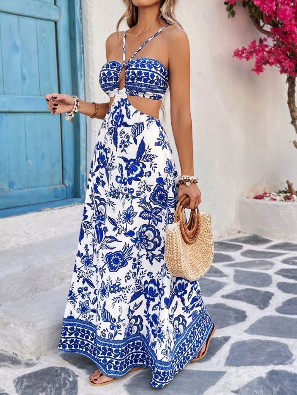 Blue Boho Women's Sleeveless Hollow Out Backless A-Line Plant Floral Dress